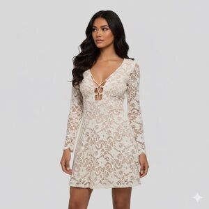 Stella Laguna Beach Cream Lace Fit & Flare Dress Long Sleeve Size Small